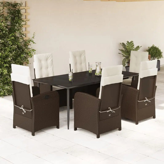 vidaXL 7 Piece Patio Dining Set with Cushions Brown Poly Rattan - Dining Set