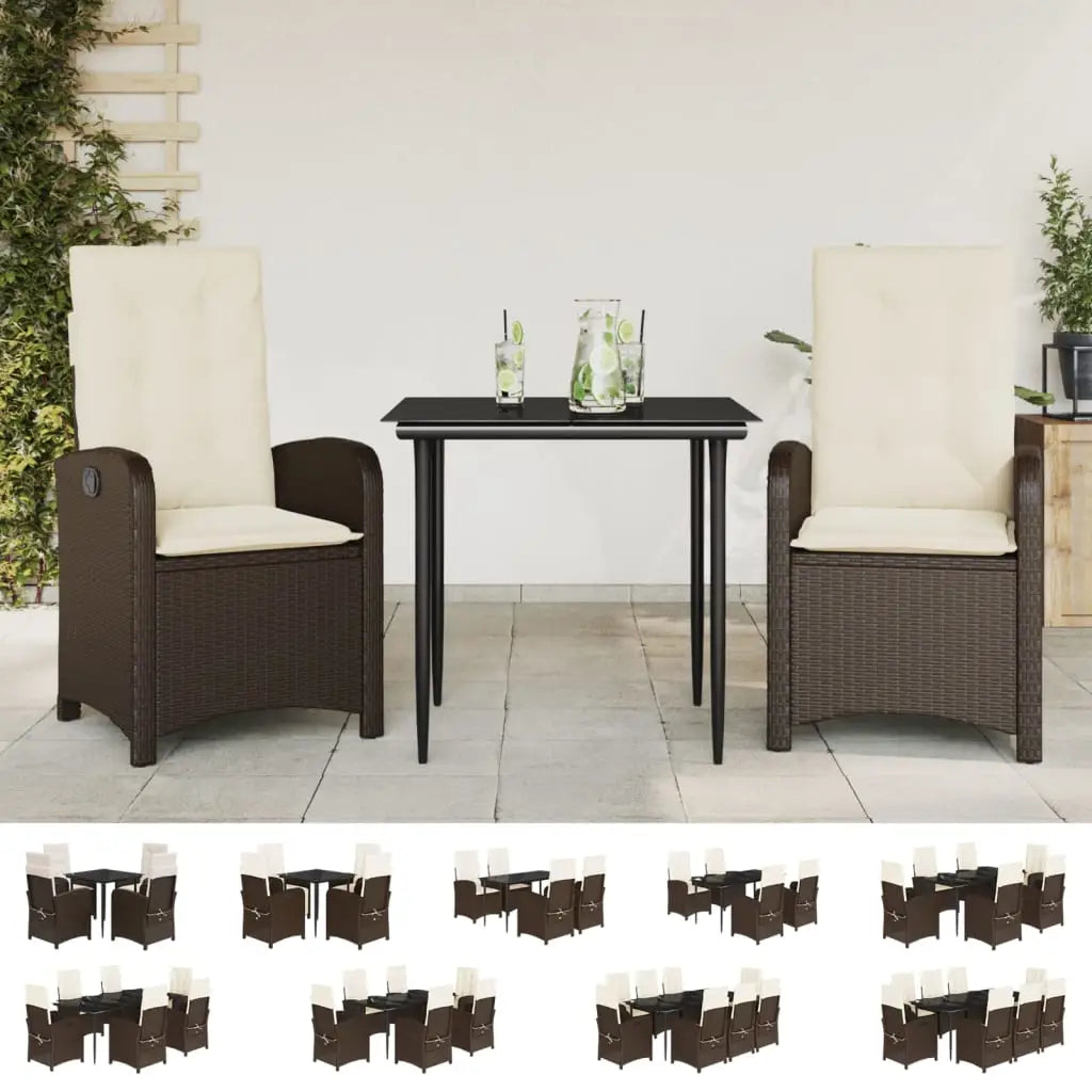 vidaXL 7 Piece Patio Dining Set with Cushions Brown Poly Rattan - Dining Set