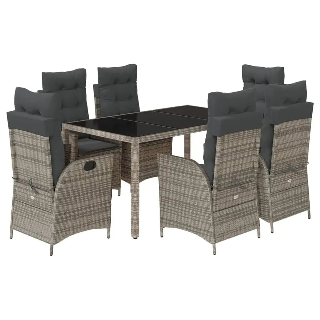 vidaXL 7 Piece Patio Dining Set with Cushions Gray Poly Rattan - Dining Set