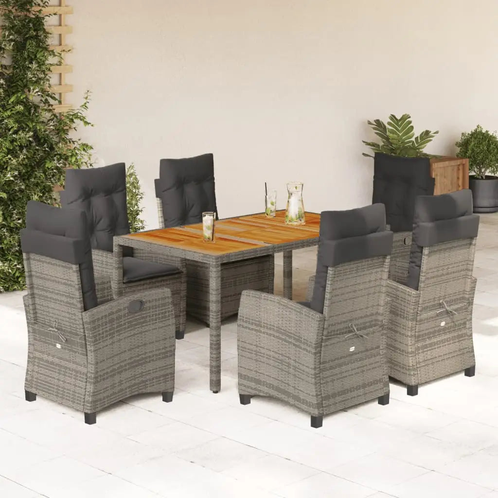 vidaXL 7 Piece Patio Dining Set with Cushions Gray Poly Rattan - Dining Set
