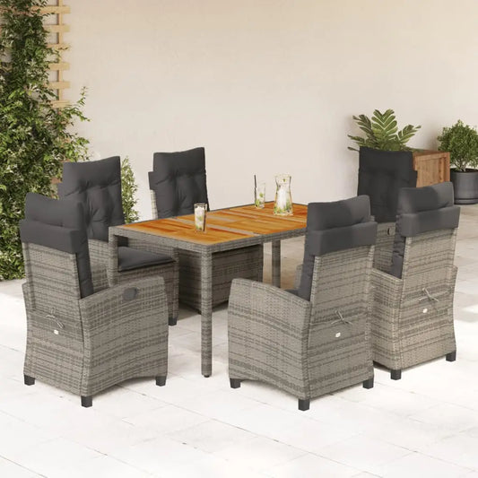 vidaXL 7 Piece Patio Dining Set with Cushions Gray Poly Rattan - Dining Set