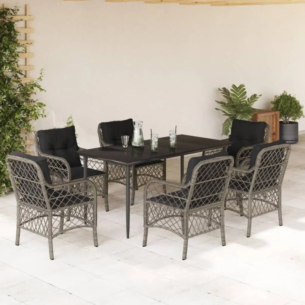vidaXL 7 Piece Patio Dining Set with Cushions Gray Poly Rattan - Dining Set