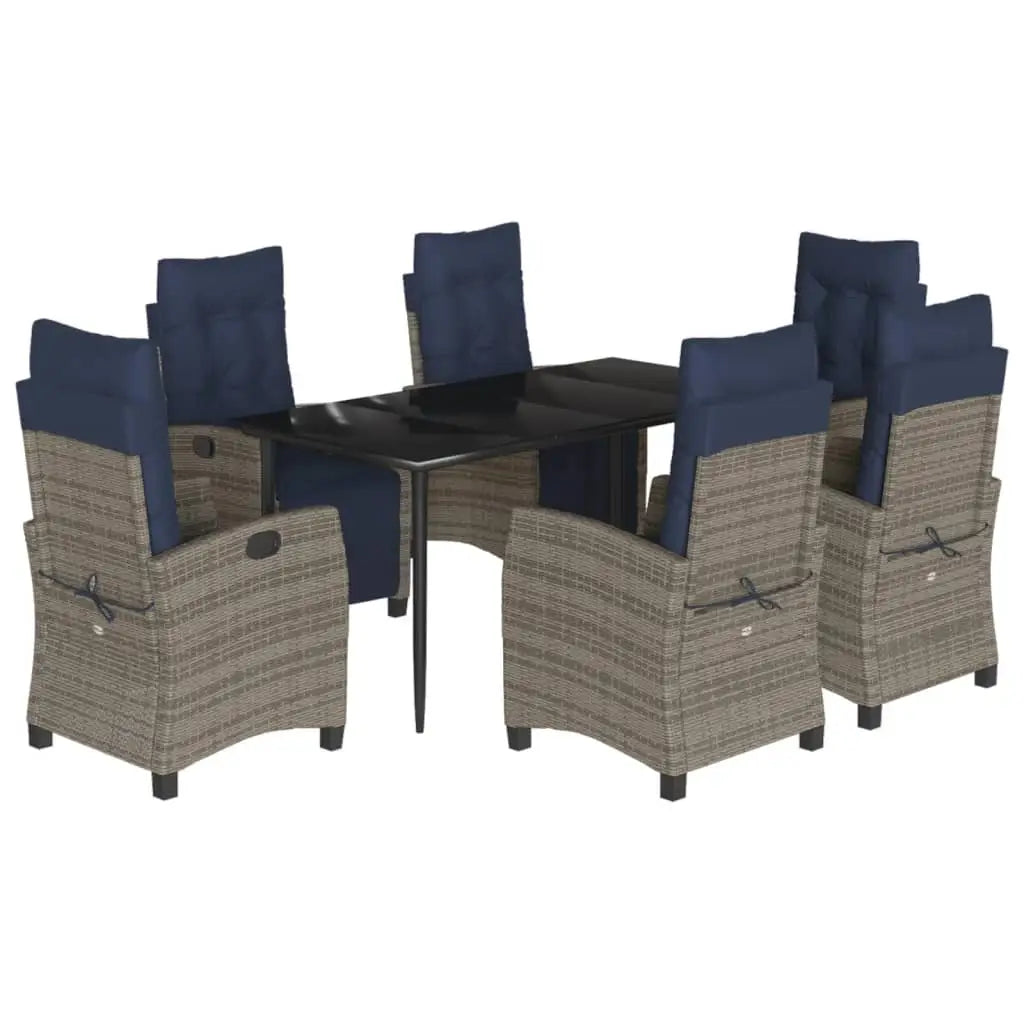 vidaXL 7 Piece Patio Dining Set with Cushions Gray Poly Rattan - Dining Set
