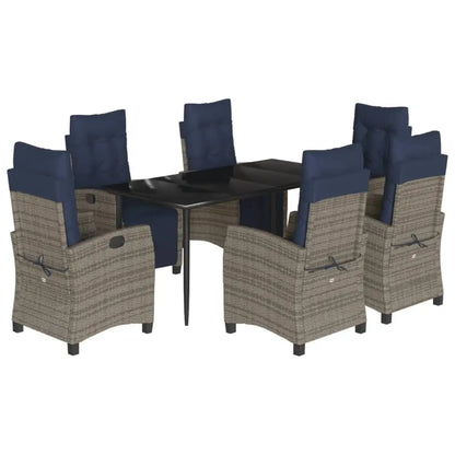 vidaXL 7 Piece Patio Dining Set with Cushions Gray Poly Rattan - Dining Set