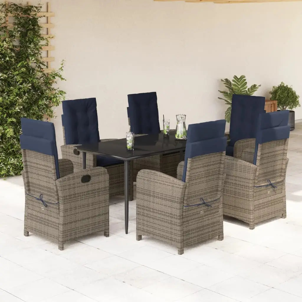 vidaXL 7 Piece Patio Dining Set with Cushions Gray Poly Rattan - Dining Set