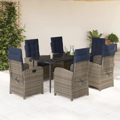 vidaXL 7 Piece Patio Dining Set with Cushions Gray Poly Rattan - Dining Set