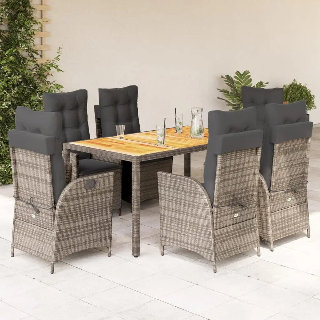 vidaXL 7 Piece Patio Dining Set with Cushions Gray Poly Rattan - Dining Set
