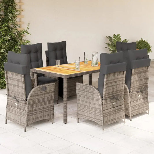 vidaXL 7 Piece Patio Dining Set with Cushions Gray Poly Rattan - Dining Set