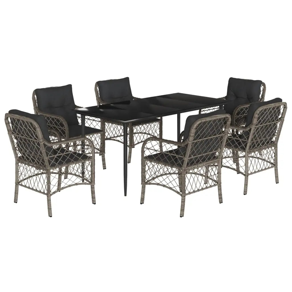 vidaXL 7 Piece Patio Dining Set with Cushions Gray Poly Rattan - Dining Set