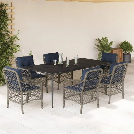 vidaXL 7 Piece Patio Dining Set with Cushions Gray Poly Rattan - Dining Set