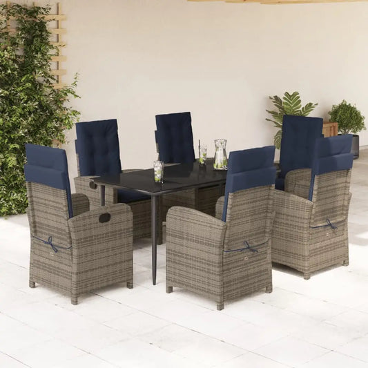 vidaXL 7 Piece Patio Dining Set with Cushions Gray Poly Rattan - Dining Set