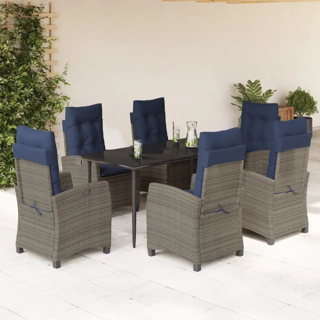 vidaXL 7 Piece Patio Dining Set with Cushions Gray Poly Rattan - Dining Set