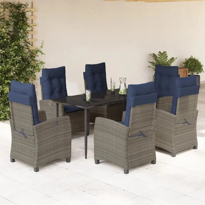vidaXL 7 Piece Patio Dining Set with Cushions Gray Poly Rattan - Dining Set