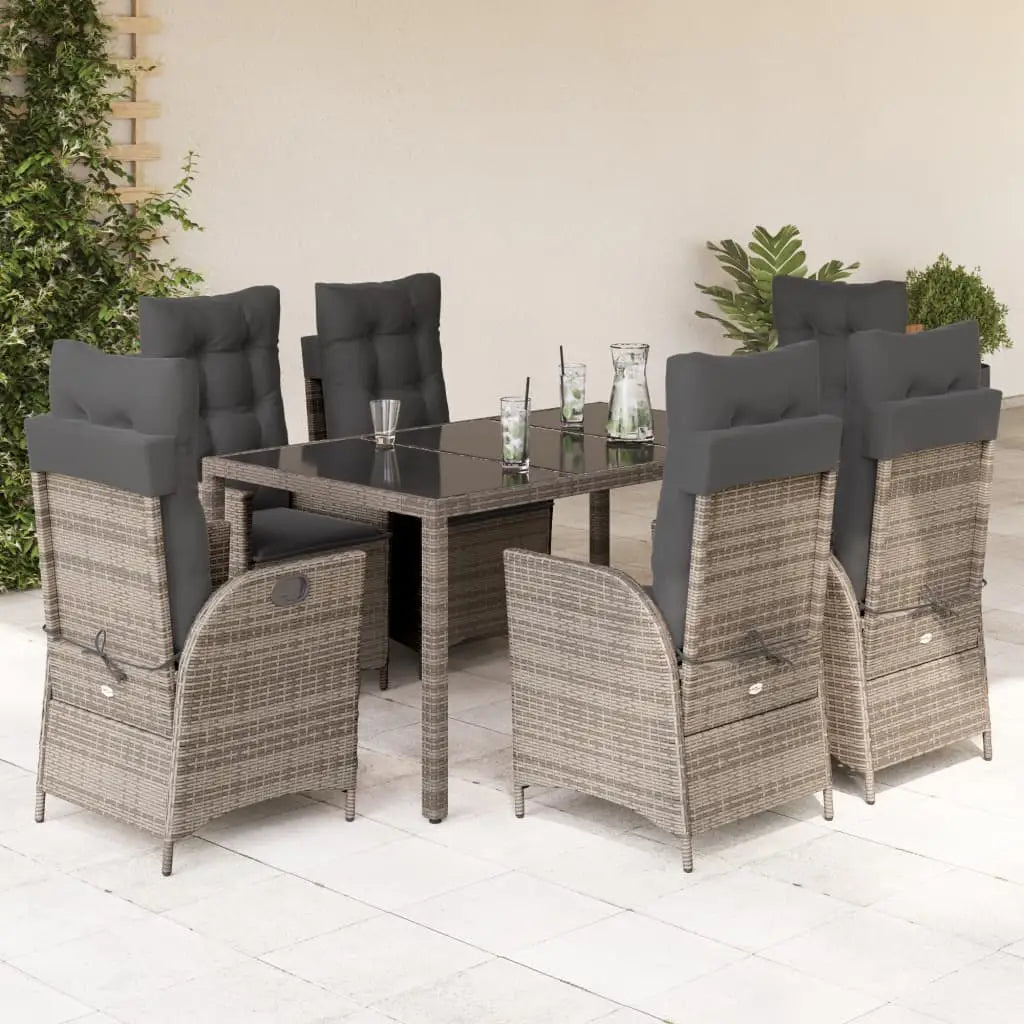 vidaXL 7 Piece Patio Dining Set with Cushions Gray Poly Rattan - Dining Set