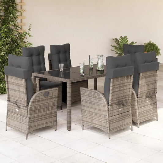 vidaXL 7 Piece Patio Dining Set with Cushions Gray Poly Rattan - Dining Set