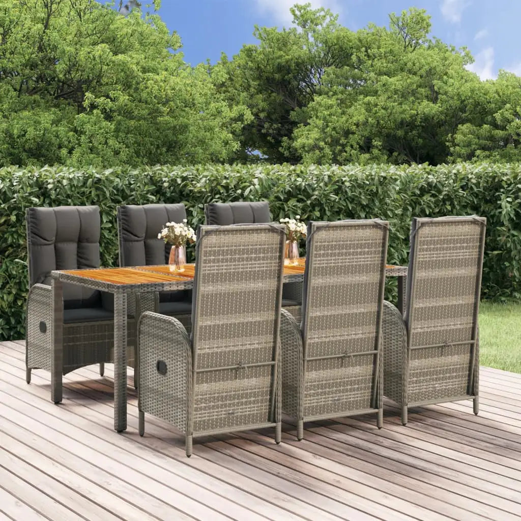 vidaXL 7 Piece Patio Dining Set with Cushions Gray Poly Rattan - Furniture > Outdoor Furniture > Outdoor Furniture Sets