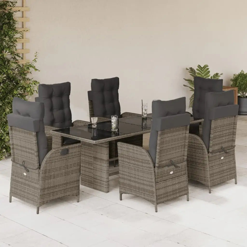 vidaXL 7 Piece Patio Dining Set with Cushions Gray Poly Rattan - Outdoor Dining Set