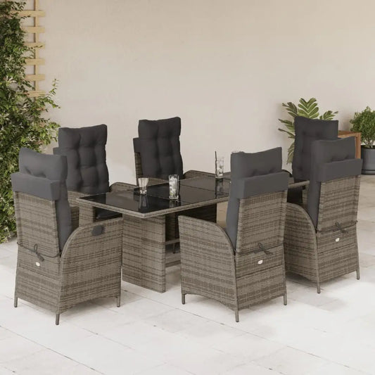 vidaXL 7 Piece Patio Dining Set with Cushions Gray Poly Rattan - Outdoor Dining Set