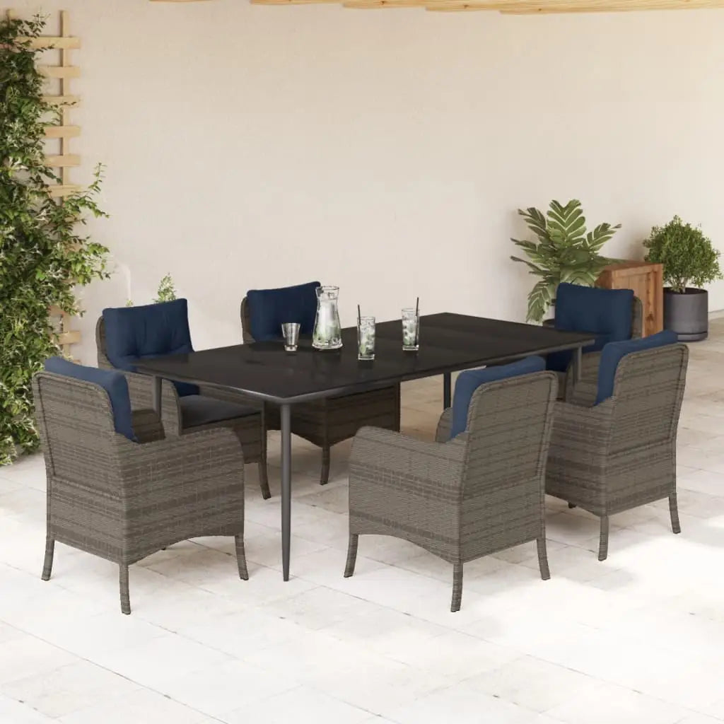 vidaXL 7 Piece Patio Dining Set with Cushions Gray Poly Rattan - Outdoor Dining Set