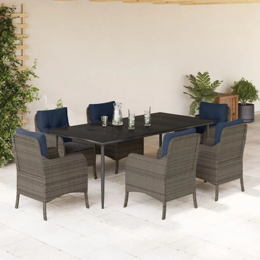 vidaXL 7 Piece Patio Dining Set with Cushions Gray Poly Rattan - Outdoor Dining Set