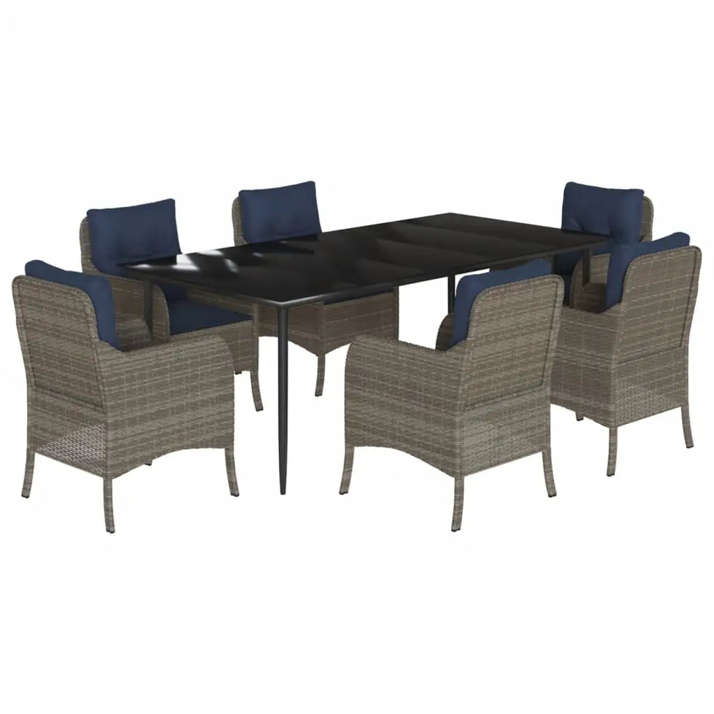 vidaXL 7 Piece Patio Dining Set with Cushions Gray Poly Rattan - Outdoor Dining Set
