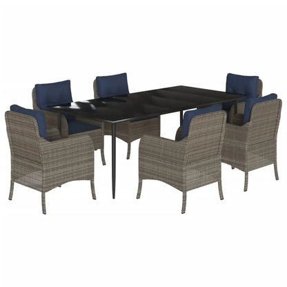 vidaXL 7 Piece Patio Dining Set with Cushions Gray Poly Rattan - Outdoor Dining Set