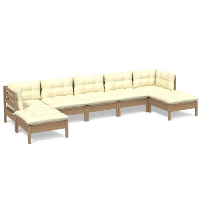 vidaXL 7 Piece Patio Lounge Set with Cream Cushions Pinewood - Brown and cream - Outdoor Furniture Set