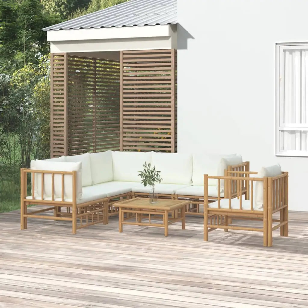 vidaXL 7 Piece Patio Lounge Set with Cream White Cushions Bamboo - Lounge Set