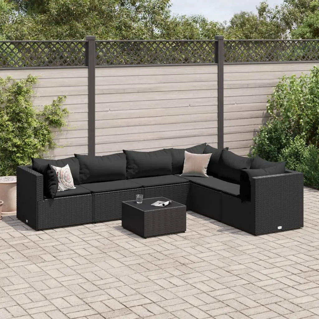 vidaXL 7 Piece Patio Lounge Set with Cushions Black Poly Rattan - Lounge Set