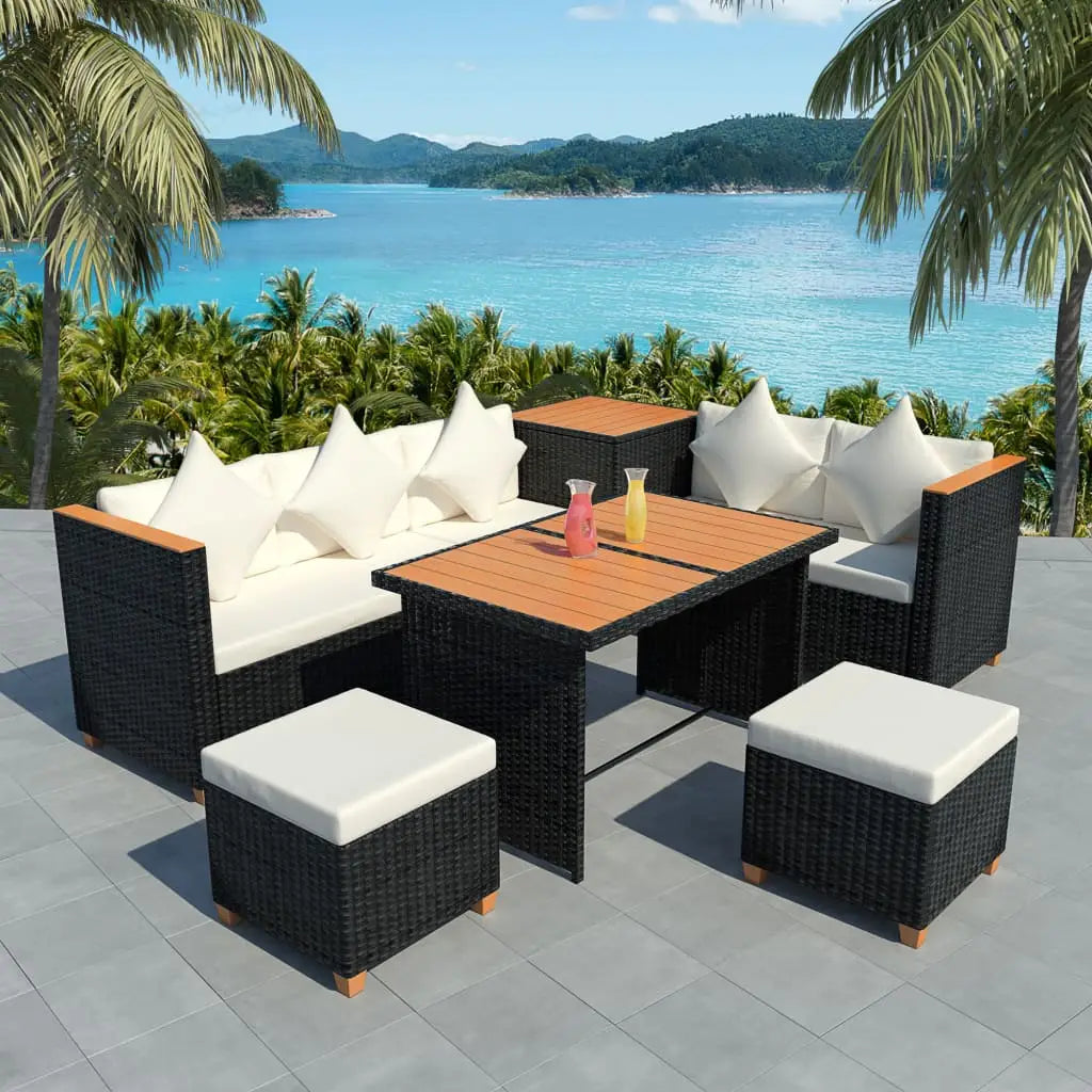vidaXL 7 Piece Patio Lounge Set with Cushions Poly Rattan Black - Furniture > Outdoor Furniture > Outdoor Furniture Sets