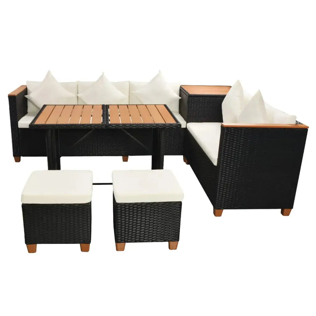 vidaXL 7 Piece Patio Lounge Set with Cushions Poly Rattan Black - Furniture > Outdoor Furniture > Outdoor Furniture Sets