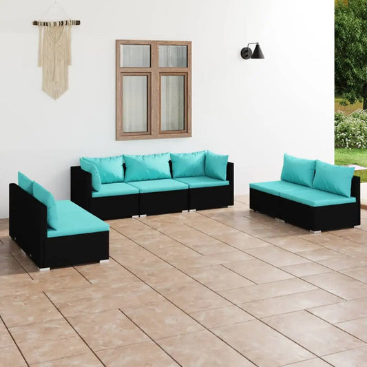 vidaXL 7 Piece Patio Lounge Set with Cushions Poly Rattan Black - Lounge Set
