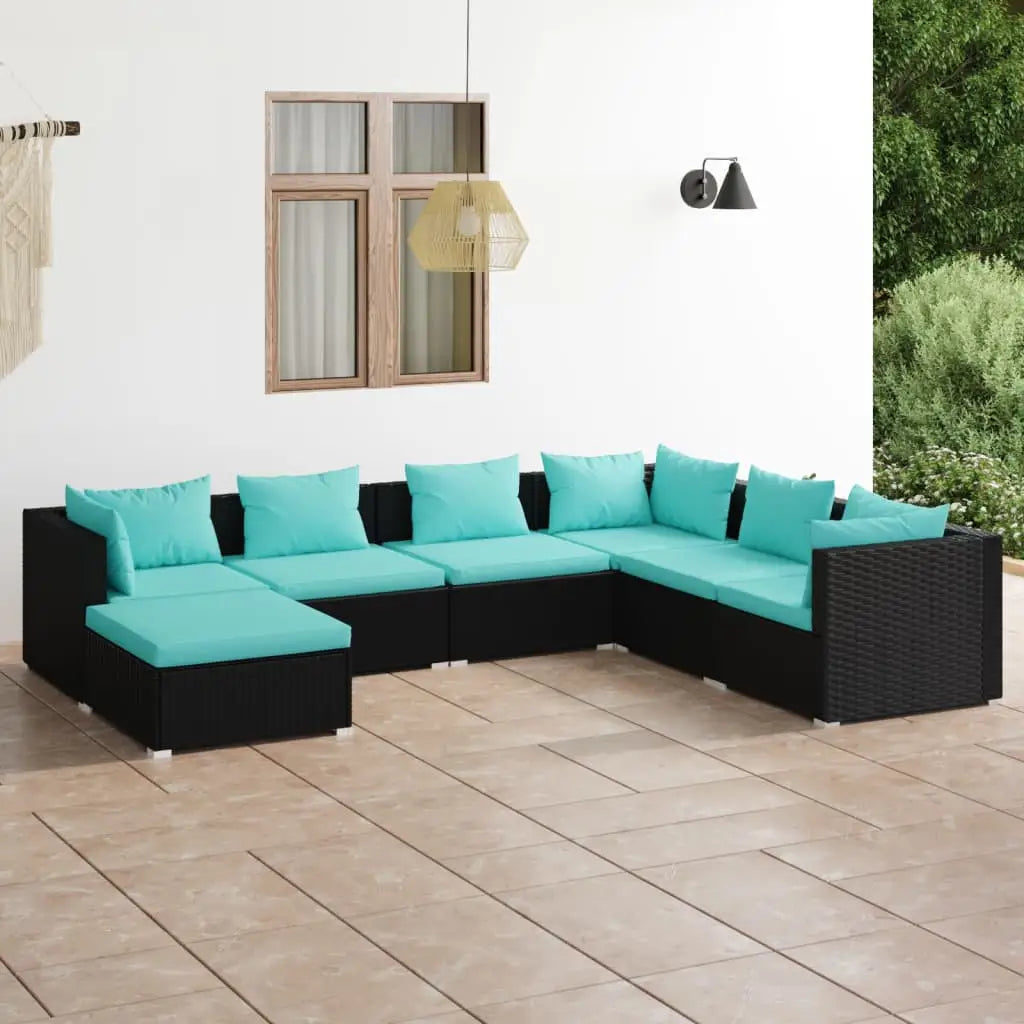 vidaXL 7 Piece Patio Lounge Set with Cushions Poly Rattan Black - Lounge Set