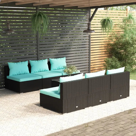 vidaXL 7 Piece Patio Lounge Set with Cushions Poly Rattan Black - Patio Lounge Set