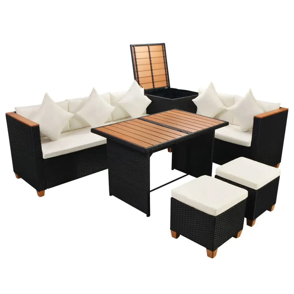 vidaXL 7 Piece Patio Lounge Set with Cushions Poly Rattan Black - Furniture > Outdoor Furniture > Outdoor Furniture Sets