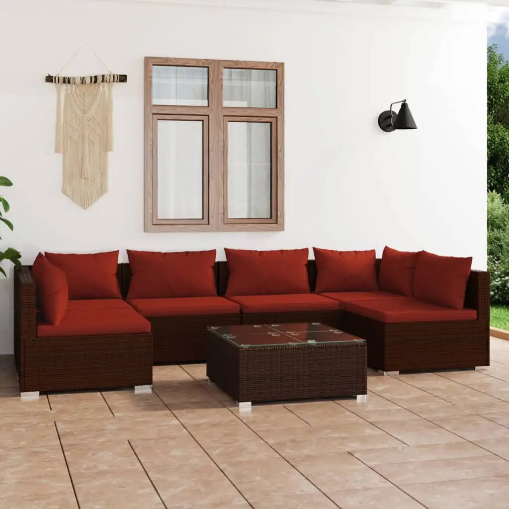 vidaXL 7 Piece Patio Lounge Set with Cushions Poly Rattan Brown - Outdoor Furniture Set
