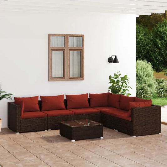 vidaXL 7 Piece Patio Lounge Set with Cushions Poly Rattan Brown - Lounge Set