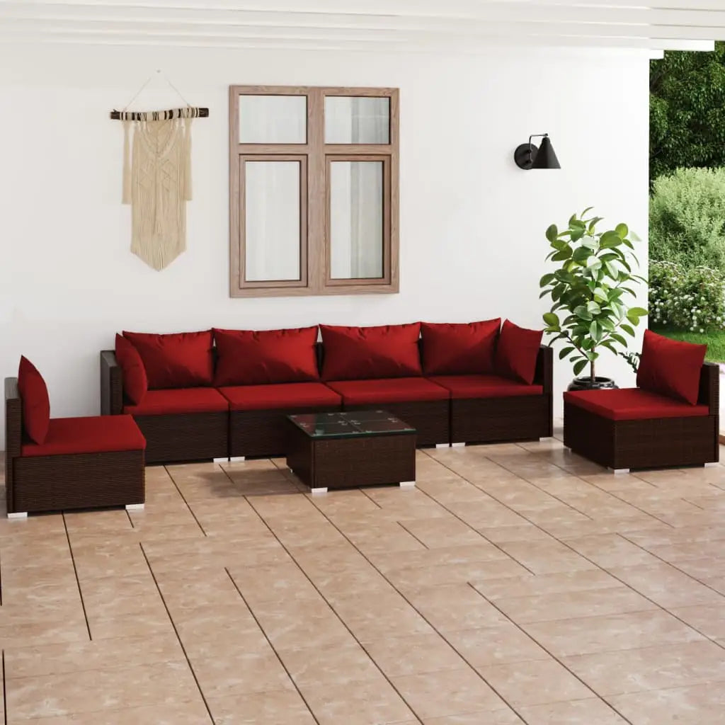 vidaXL 7 Piece Patio Lounge Set with Cushions Poly Rattan Brown - Patio Lounge Set