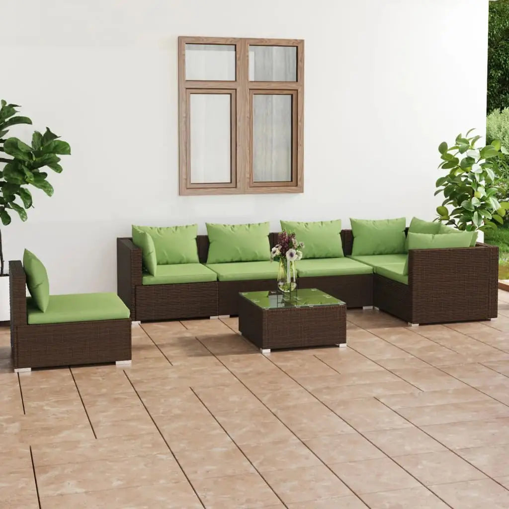 vidaXL 7 Piece Patio Lounge Set with Cushions Poly Rattan Brown - Lounge Set