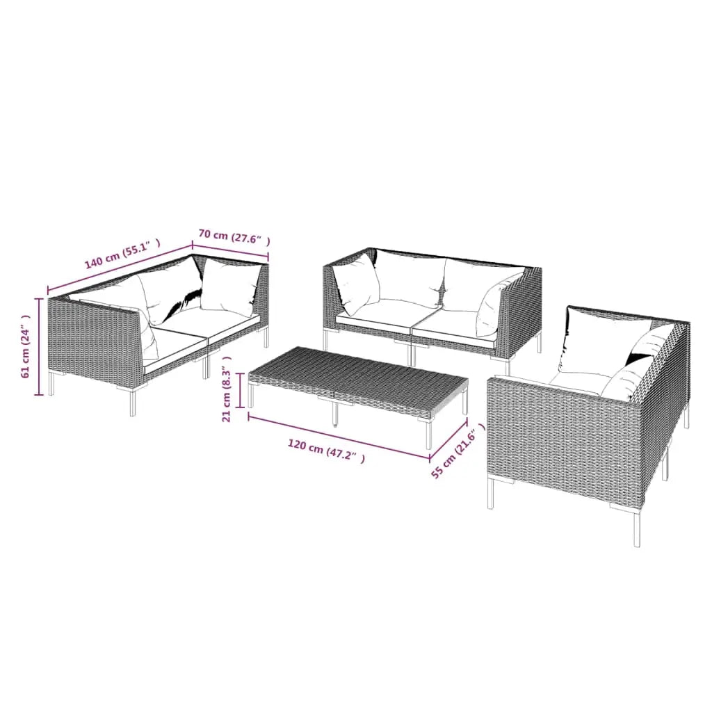 vidaXL 7 Piece Patio Lounge Set with Cushions Poly Rattan Dark Gray - Furniture > Outdoor Furniture > Outdoor Furniture