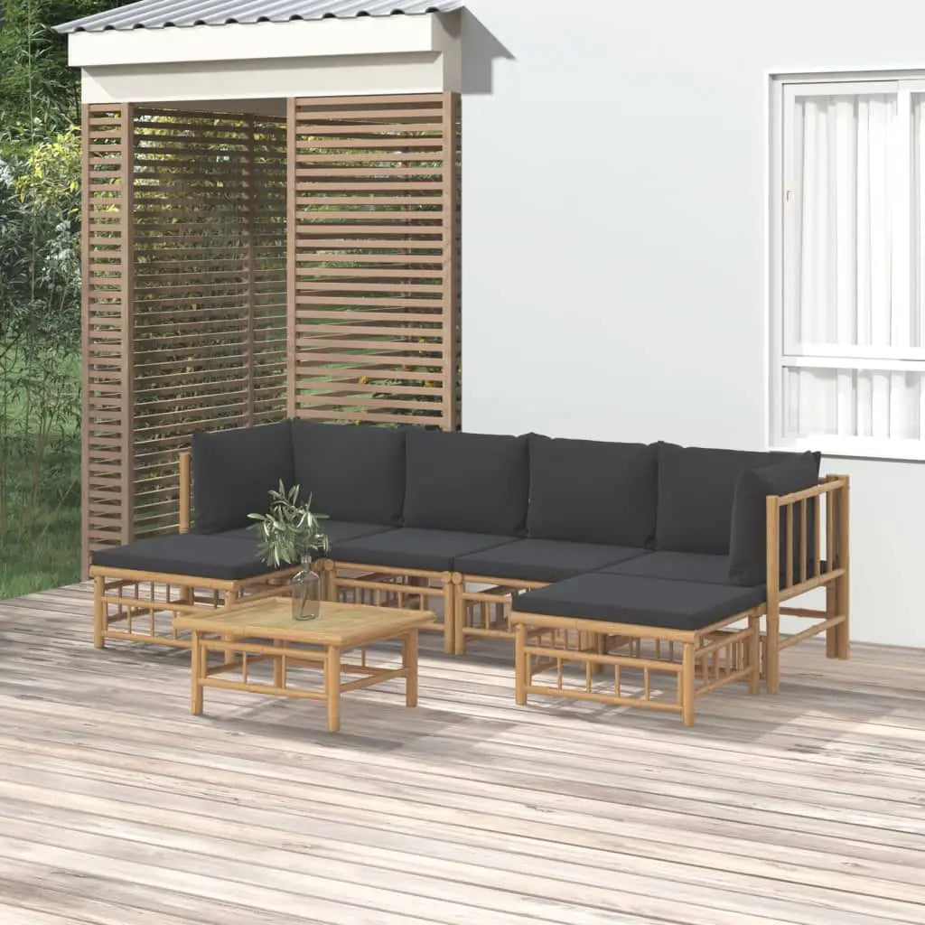 vidaXL 7 Piece Patio Lounge Set with Dark Gray Cushions Bamboo - Lounge Set