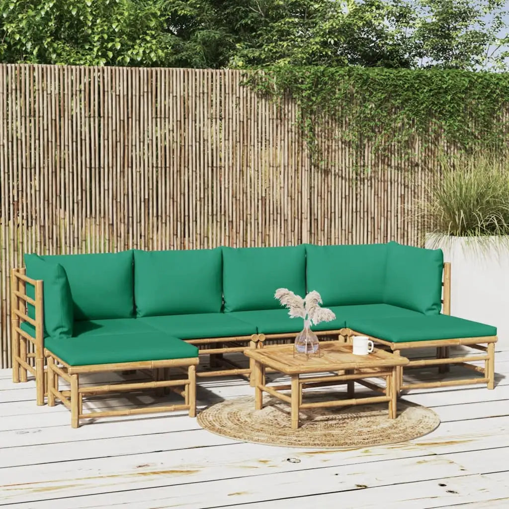 vidaXL 7 Piece Patio Lounge Set with Green Cushions Bamboo - Outdoor Furniture Set