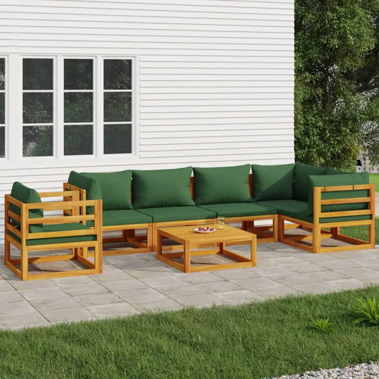 vidaXL 7 Piece Patio Lounge Set with Green Cushions Solid Wood - Outdoor Furniture Set