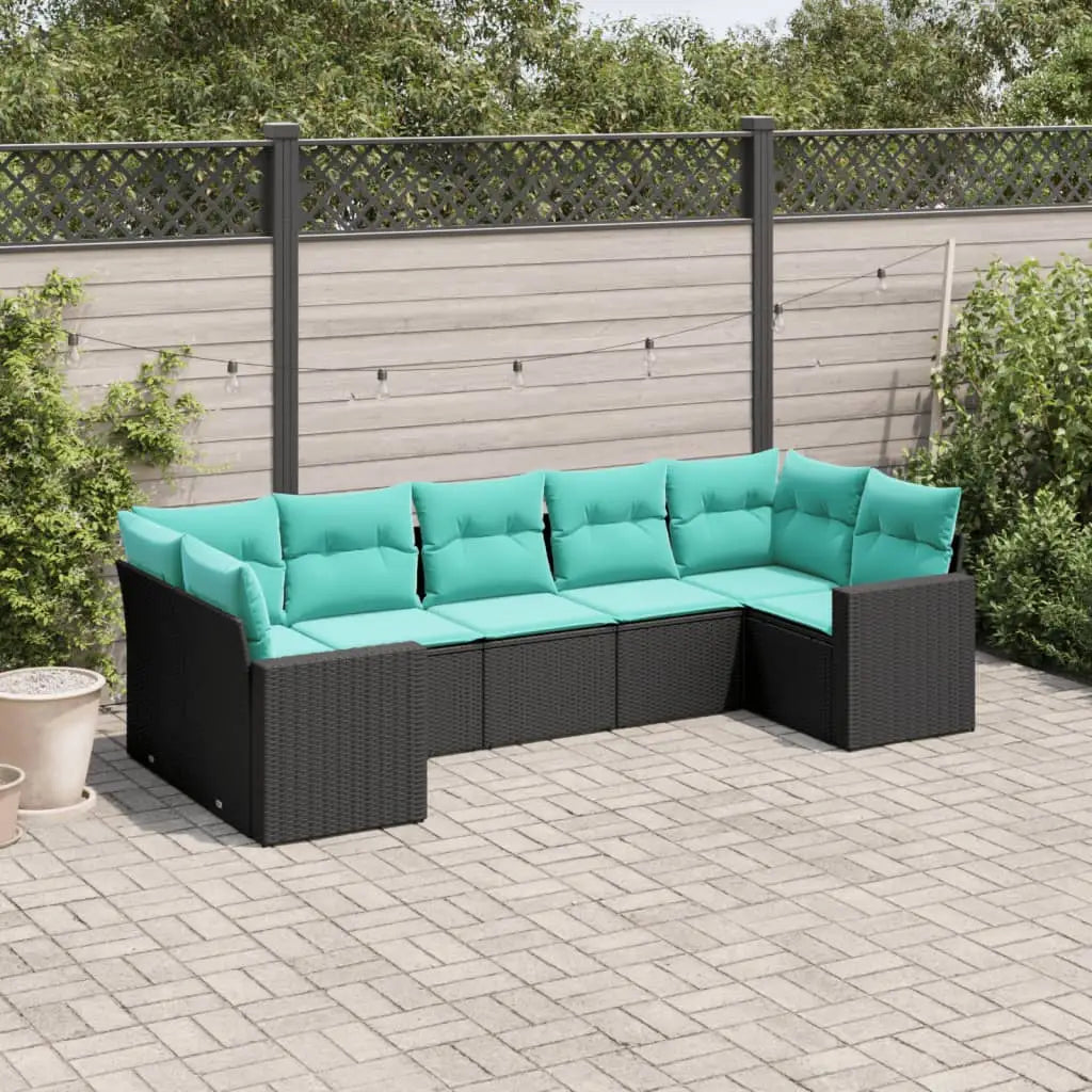 vidaXL 7 Piece Patio Sofa Set with Cushions Black Poly Rattan - Black / 1 piece - Outdoor Sofa Set
