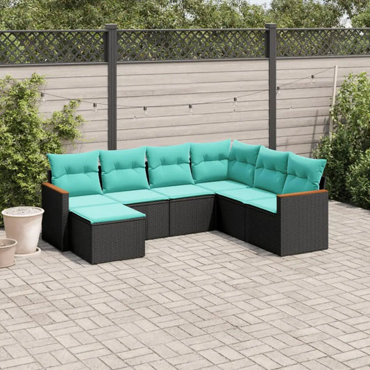vidaXL 7 Piece Patio Sofa Set with Cushions Black Poly Rattan - Sofa Set
