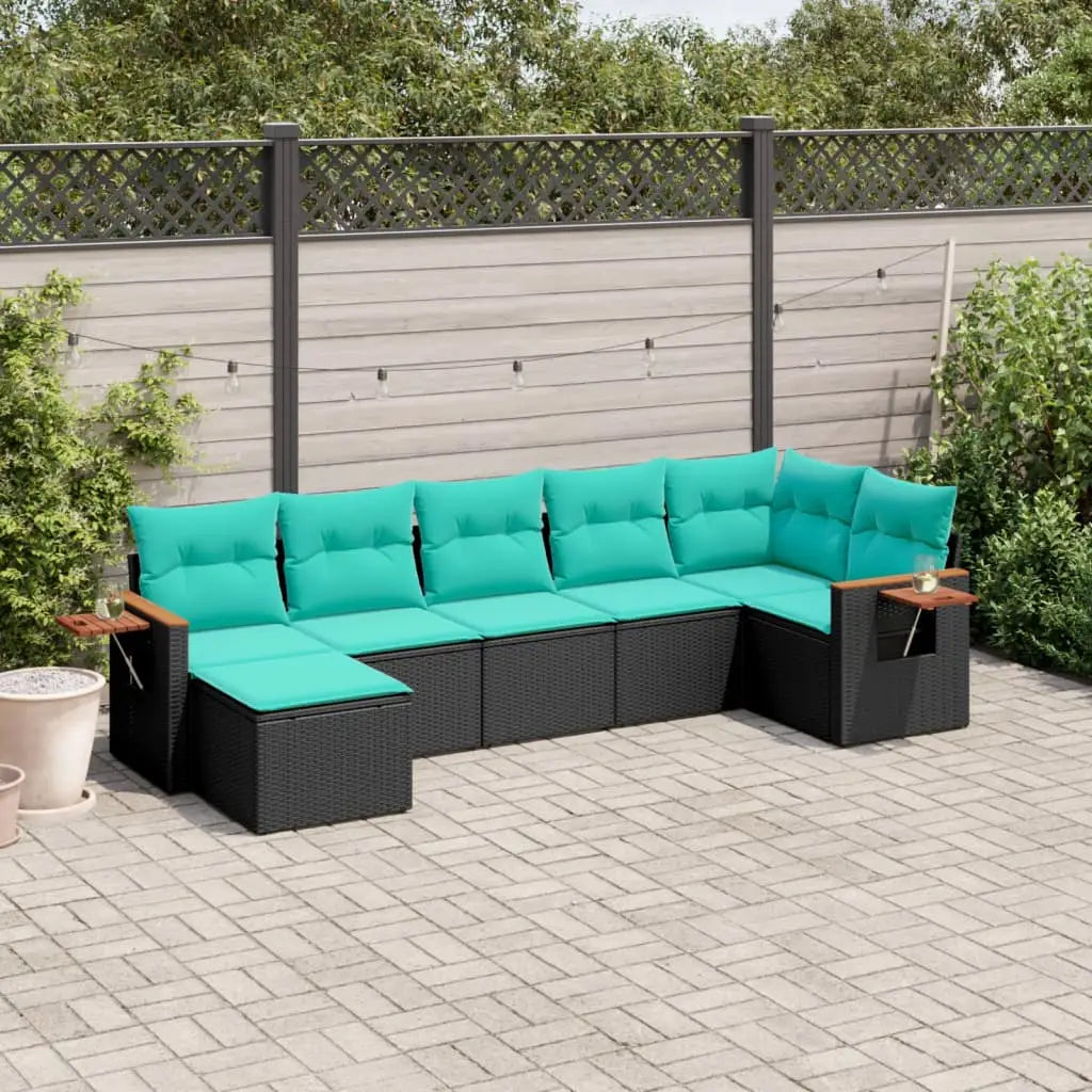 vidaXL 7 Piece Patio Sofa Set with Cushions Black Poly Rattan - Outdoor Sofa Set