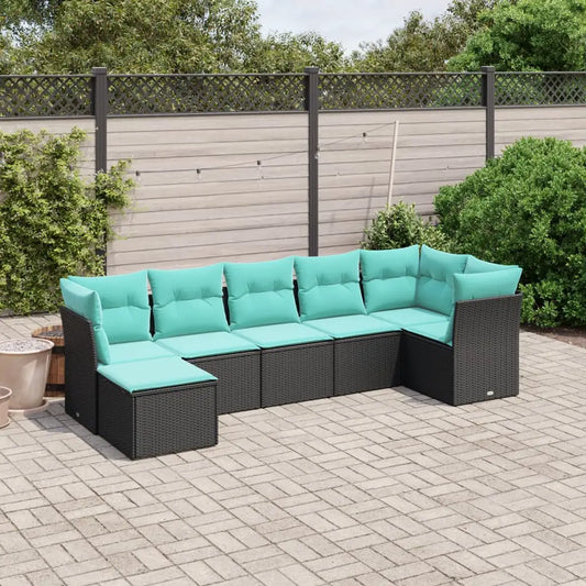 vidaXL 7 Piece Patio Sofa Set with Cushions Black Poly Rattan - Outdoor Sofa Set