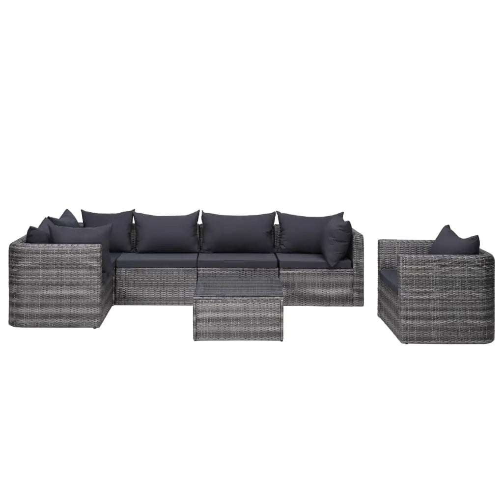 vidaXL 7 Piece Patio Sofa Set with Cushions & Pillows Poly Rattan Gray - 3x corner + 2x middle + armchair + table