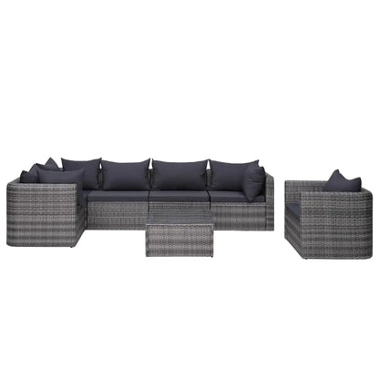 vidaXL 7 Piece Patio Sofa Set with Cushions & Pillows Poly Rattan Gray - 3x corner + 2x middle + armchair + table