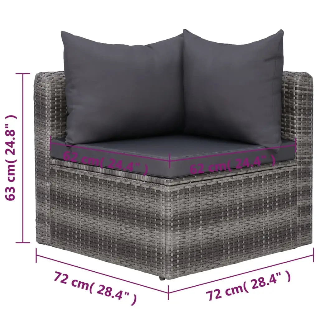 vidaXL 7 Piece Patio Sofa Set with Cushions & Pillows Poly Rattan Gray - 3x corner + 2x middle + armchair + table